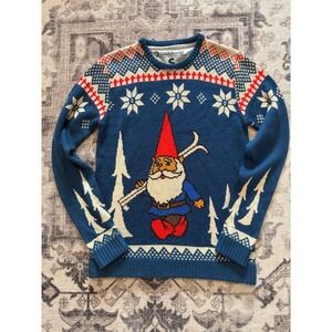 Toddland Mens Small Blue Skiing Gnome Wool Blend Holiday Sweater RN 126397